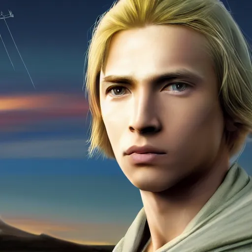 Image similar to a young blonde male jedi with short hair standing still looking at the sunset concept art by Doug Chiang cinematic, realistic painting, high definition, concept art, portait image, path tracing, serene landscape, high quality, highly detailed, 8K, soft colors, warm colors, turbulent sea, high coherence, anatomically correct, hyperrealistic, concept art, defined face, five fingers, symmetrical