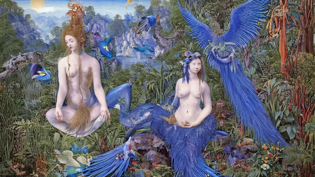 Prompt: a photograph of a grinning meditating blue harpy mermaid mutating into a savage fanged beast. surrounded by huge ferns and conifers. river delta with mountains under a blue sky full of burning stars and birds. painted by jan van eyck, max ernst, ernst haeckel, ernst fuchs and artgerm. trending on artstation, fashion editorial