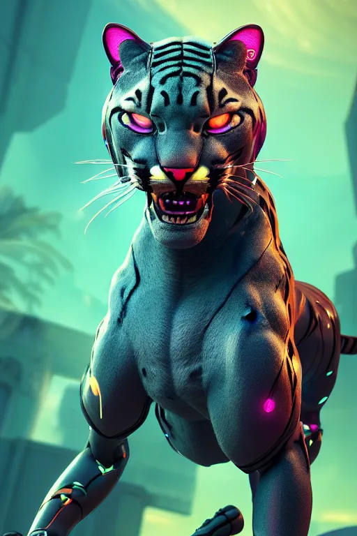 Prompt: cyborg cat panther cougar tiger, vapor wave, ultra hd, Painted By Andreas Rocha, unreal 5, DAZ, hyperrealistic, octane render, dynamic lighting, intricate detail, summer vibrancy, cinematic