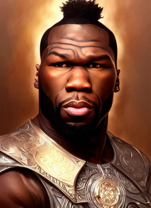 Prompt: Portrait of 50 cent, D&D, muscular, fantasy, intricate, elegant, highly detailed, digital painting, artstation, concept art, smooth, sharp focus, illustration, art by artgerm and greg rutkowski and alphonse mucha