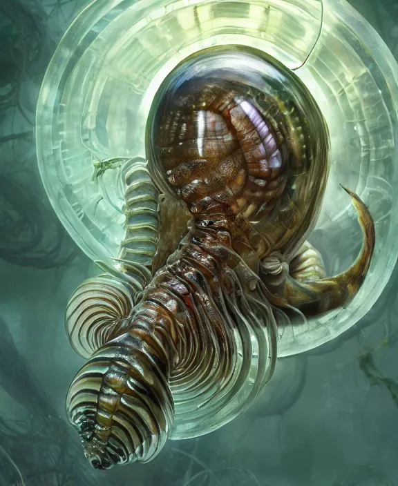 Image similar to intricate opulent transparent clear see - through portrait of a horrific beautiful male human isopod nautilus, mottled coloring, adorable, childlike, overgrown biopunk jungle environment, ultra realistic, concept art, art nouveau, photorealistic, octane render, 8 k, unreal engine. art by christopher marley and artgerm and greg rutkowski and alphonse mucha