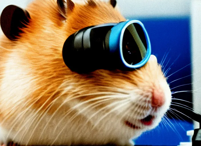 Image similar to film still of a hamster wearing goggles working in a research lab finding the cure for cancer, 8 k