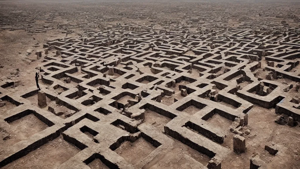 Prompt: surreal ancient ruins of a giant maze in the desert, photography by zhang kechun