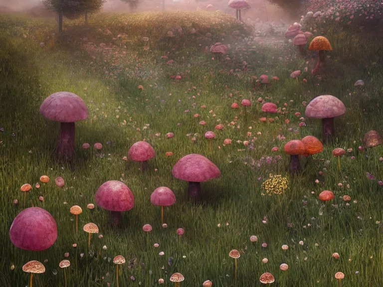 Prompt: the wasteland filled with giant flowers and mushrooms, au naturel, hyper detailed, digital art, trending in artstation, cinematic lighting, studio quality, smooth render, unreal engine 5 rendered, octane rendered, art style by klimt and nixeu and ian sprigger and wlop and krenz cushart