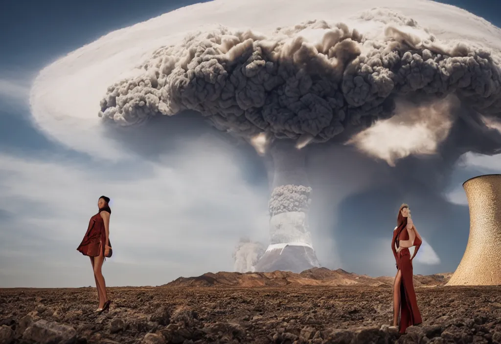 Image similar to fashion editorial in front of nuclear explosion cloud. wide angle shot. highly detailed. depth of field. high definition. 8k. photography.