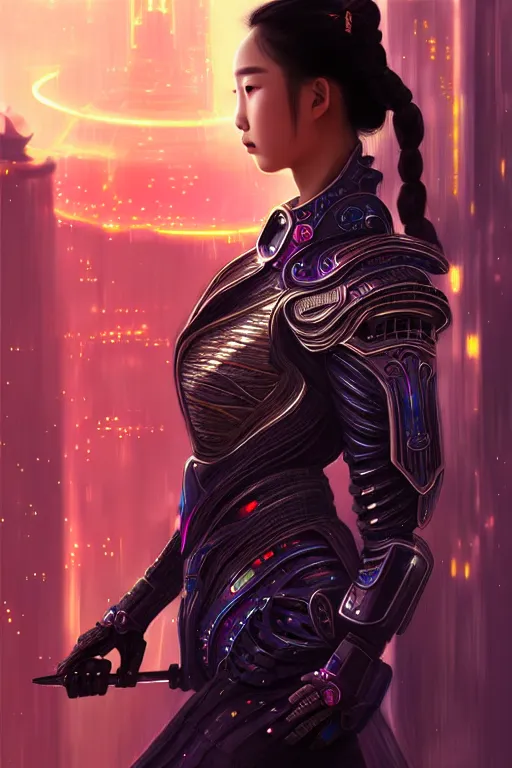 Image similar to portrait futuristic wuxia armor heroine Girl with thunder and fire sparkles and starlight, fighting in future cyberpunk beijing rooftop , ssci-fi, fantasy, intricate, very very beautiful, elegant, human structure, neon light, highly detailed, digital painting, artstation, concept art, smooth, sharp focus, illustration, art by tian zi and WLOP and alphonse mucha