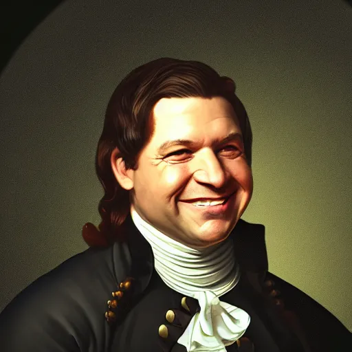 Prompt: Ron Desantis smiling, in the style of a founding father portrait, dreamlike, horror, intricate detail, 3d render, octane render, god rays, depth of field, trending on artstation, 4k, hd