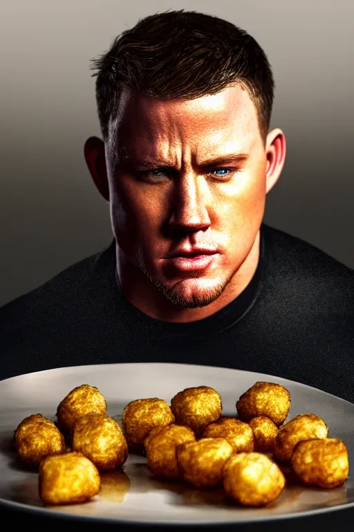 Image similar to a head shot of channing tatum as half human and a tater tot on a plate, tater tot face, ef 8 5 mm f 1. 8 usm, bionic scifi alexandre ferra, hyper detailed, digital art, trending in artstation, cinematic lighting, studio quality, smooth render, unreal engine 5 rendered, octane rendered