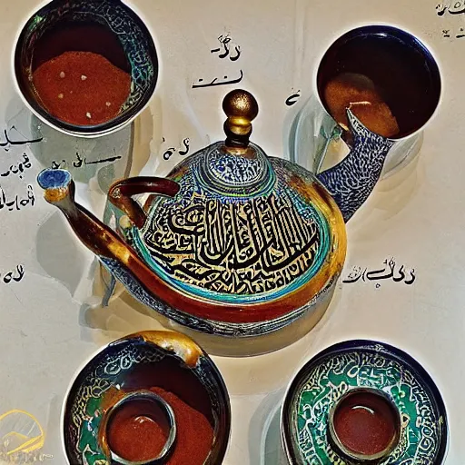 Prompt: Arabic calligraphy, Moroccan tea set, by pollock