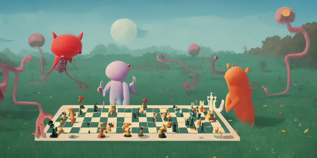 Image similar to cute cartoon monsters playing chess by Goro Fujita and Simon Stalenhag and Chiho Aoshima and Wes Anderson, 8k, trending on artstation, hyper detailed, cinematic