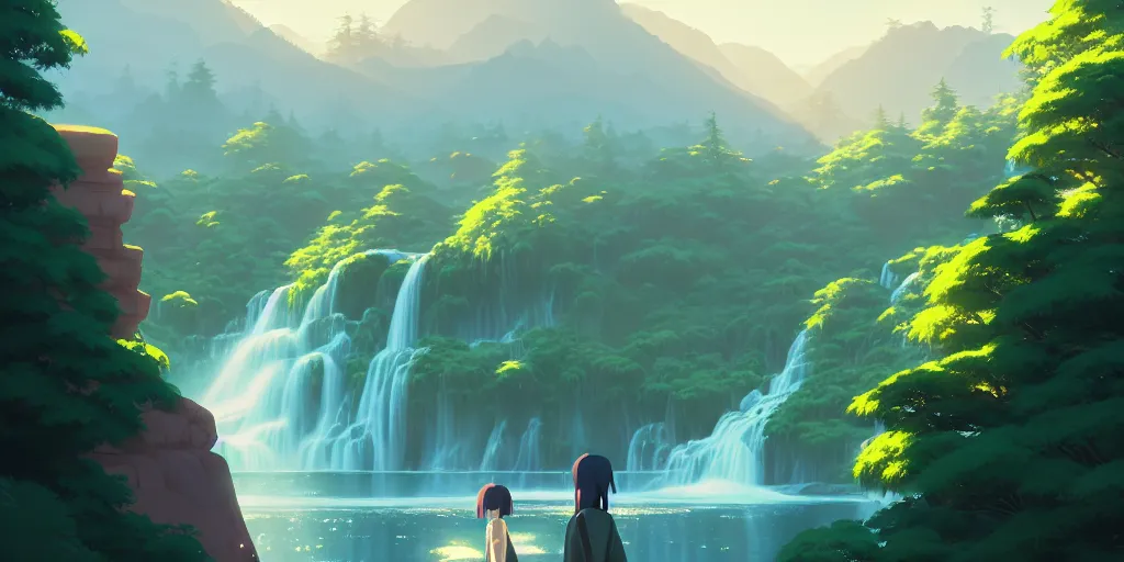 Image similar to evergreen valley, several waterfalls, ancient marble city, tall buildings, landscape, by makoto shinkai and lois van baarle, ilya kuvshinov, rossdraws, tom bagshaw, global illumination, morning light, radiant light, bird's eye view