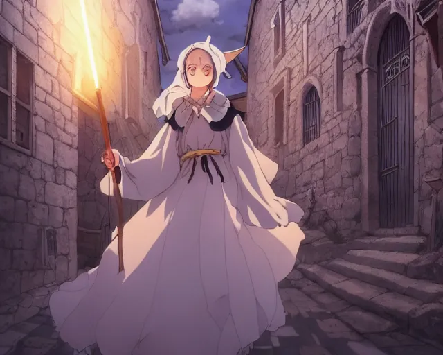 Image similar to ( ( majo no tabitabi ) ), key anime visual portrait of a young female witch walking through a busy medieval village, dynamic pose, dynamic perspective, cinematic, dramatic lighting, detailed silhouette, anime proportions, perfect anime, yoh yoshinari, ( murata range )