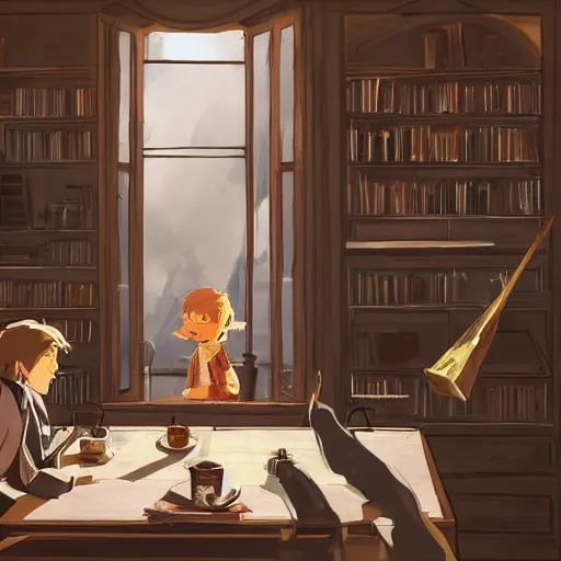 Image similar to ewan mcgregor is having a coffee in a draw room, white cat, huge bookshelf at the background, fireplace, digital art, very detailed, extreme long shot, atmosphere, dramatic lighting, epic composition, wide angle, by miyazaki, nausicaa ghibli, breath of the wild