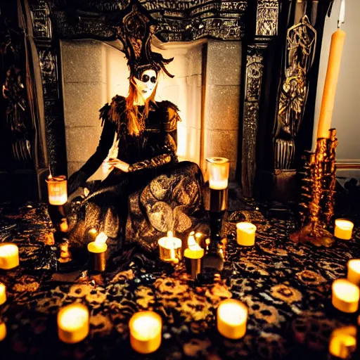 Prompt: gothic ritual with many golden candles, german shepherd with dragon wings in gothic makeup performing ritual, gloomy, candlelight, intricate detail faces, fireplace wide angle shot photograph