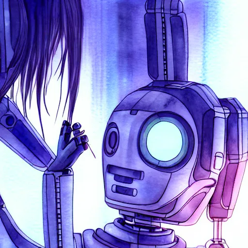 Image similar to a broken robot fixing itself, anime, pencil lines, light watercolour painting, pale sky, beautiful artwork, anime screenshot, tokyo