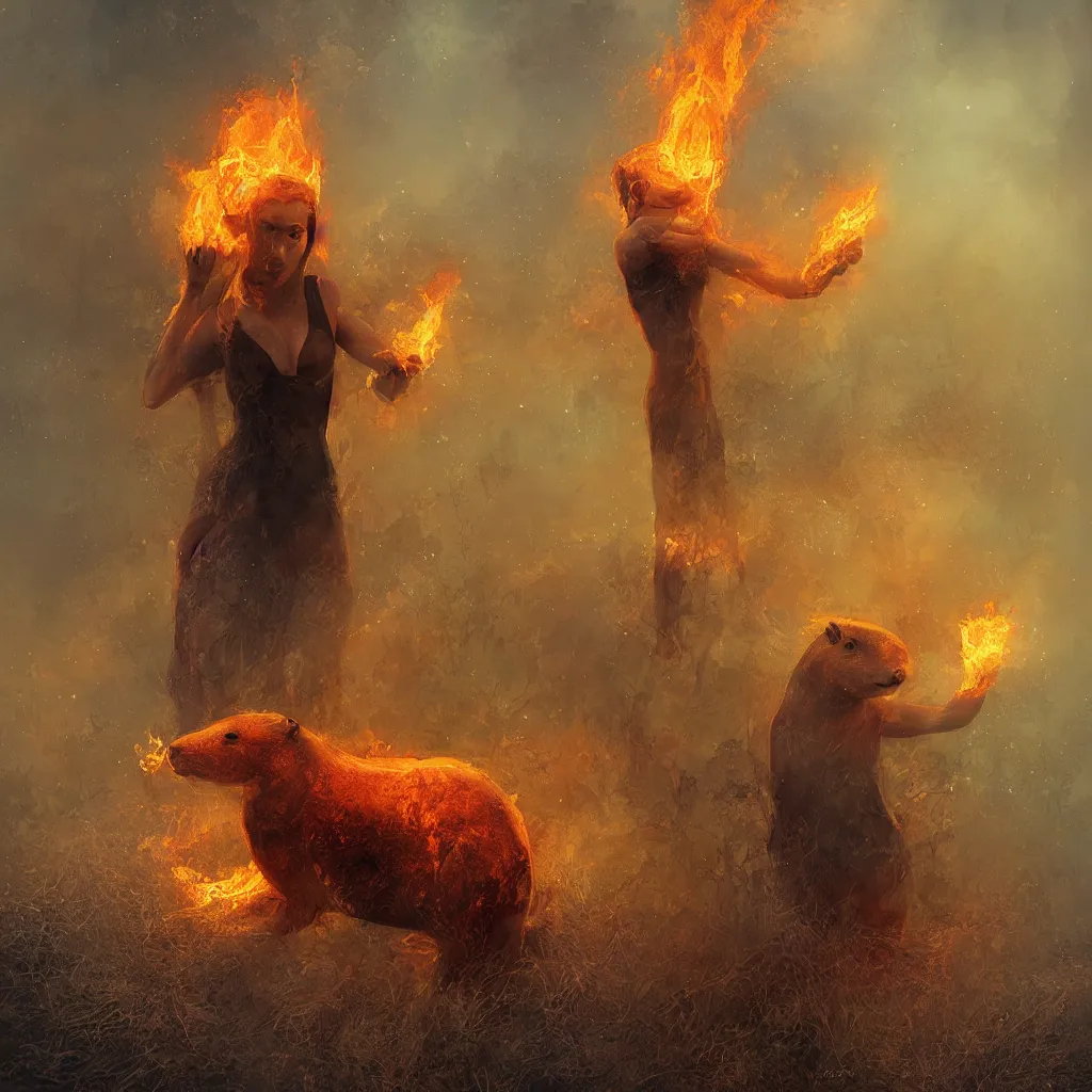 Image similar to only one singular capybara engulfed in flames, wetlands as background, digital oil painting in the style of Tom Bagshaw, Cedric Peyravernay, Peter Mohrbacher