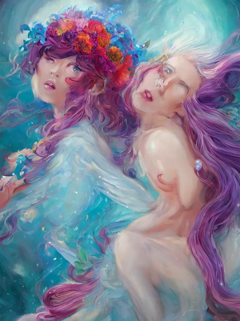 Image similar to a colorful and provenance portrait painting of angel with her hugeflowers wings spread out gracefully, highly saturated colors, teardrop eyes open, highly detailed, hair made of hair made of air wind and curling smoke, mist, dust, genie, flowers, flower, spirit fantasy concept art, art by charlie bowater and aenami, trending on artstation.