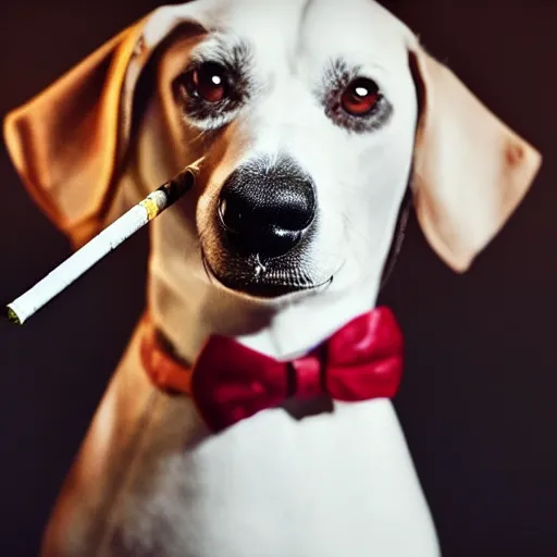 Image similar to a high detail closeup photograph of a dog wearing a suit 👔,and smoking a cigarrette🚬, award wining photograph