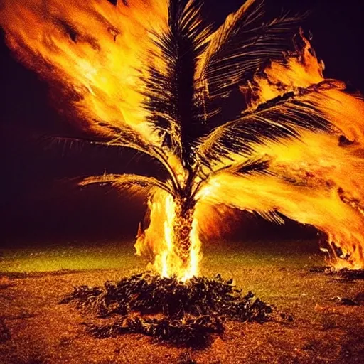 Image similar to “a single burning palm tree at night in a desolate graveyard 🪦 with fiery burning bright embers falling from the night sky. Photograph. Cursed image.”