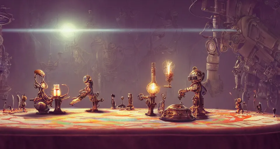 Image similar to a beautiful tapestry, a small robot playing a futuristic holographic chessgame, ultra detailed, atmospheric lighting, steampunk, moody, candles, characters from machinarium, by don bluth, trending on artstation, octane render, 8 k, ultra realistic