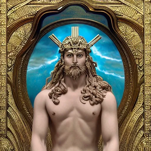 Image similar to portrait of zeus king of olympus made with porcelain by Jeff Easley and Peter Elson + beautiful eyes, beautiful face + symmetry face + border and embellishments inspiried by alphonse mucha, fractals in the background, galaxy + baroque, gothic, surreal + highly detailed, intricate complexity, epic composition, magical atmosphere + masterpiece, award winning + trending on artstation