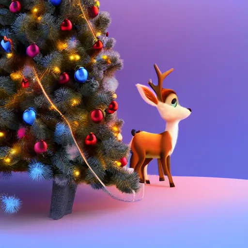 Image similar to cute baby reindeer zootopia style 3d render on winter christmas tree background 4k