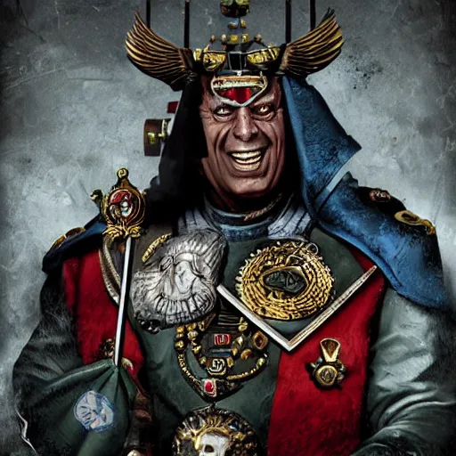 Prompt: Silvio Berlusconi as the Emperor from Warhammer 40K, digital art, 8K, style of Ryan Barger, Ted Beargon, Nick Bibby, John Blanche, Paul Bonner