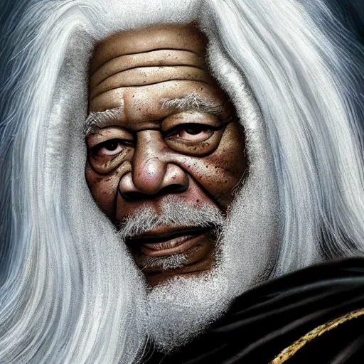 Image similar to evil morgan freeman as evil wizard saurman the white, long white hair and white beard, beautiful pure white warlock flowing robes, long black wizard staff by alan lee, lord of the rings, smooth, oil painting, matte painting, concept art, trending on artstation, promotional artwork, film still, elegant, photorealistic facial features, intricate, detailed face, cinematic lighting