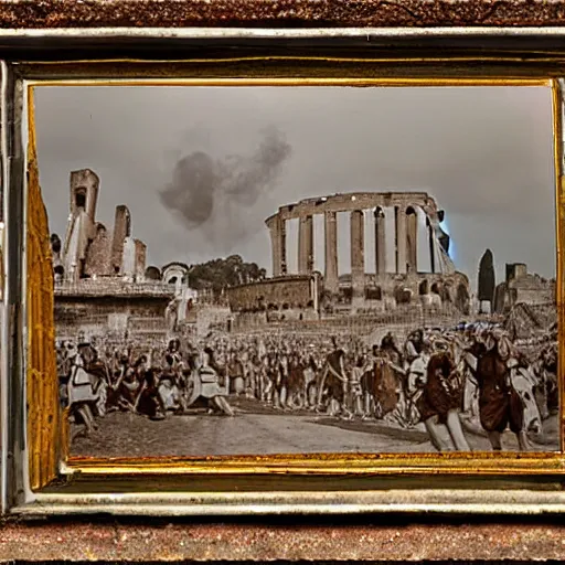 Image similar to Rome burning , realistic, old photo,