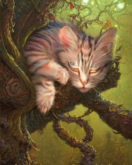 Image similar to an adorable cheshire kitten asleep in a tree | highly detailed | very intricate | symmetrical | whimsical and magical | soft cinematic lighting | award - winning wonderland | painted by donato giancola and paul lehr and ross tran | pastel color palette | featured on artstation