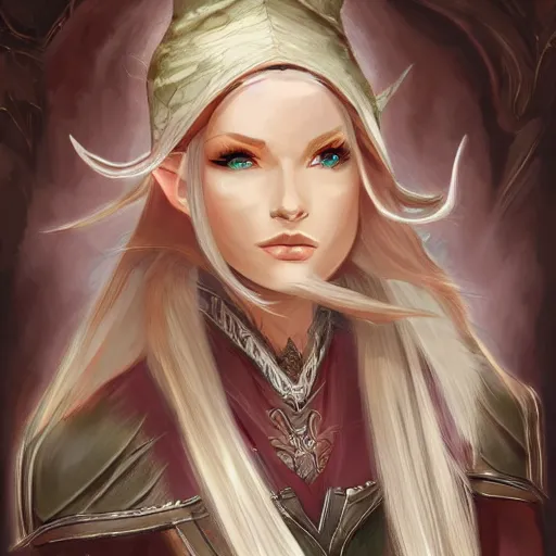 Prompt: an elf wizard, female, auburn and blonde two toned hair, fantasy, d & d, intricate, elegant, highly detailed, digital painting, artstation, concept art, matte, sharp focus, illustration, in the style of magic the gathering
