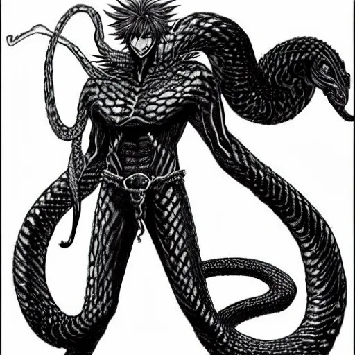 Image similar to a male anime character, naga, serpent body, kentaro miura art style