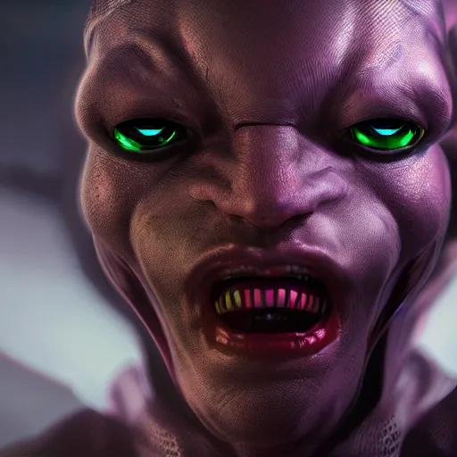 Image similar to a hyper real comic book style portait painting of an alien with 5 eyes and three heads, unreal 5, hyperrealistic, octane render, cosplay, rpg portrait, dynamic lighting