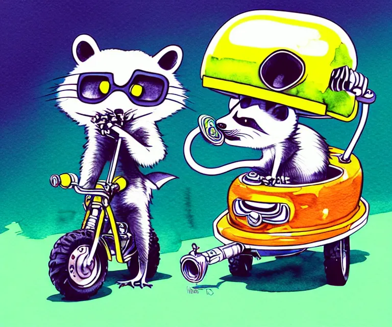 Image similar to cute and funny, racoon smoking a bong wearing a helmet riding in a tiny dragula coupe with oversized engine, ratfink style by ed roth, centered award winning watercolor pen illustration, isometric illustration by chihiro iwasaki, edited by range murata