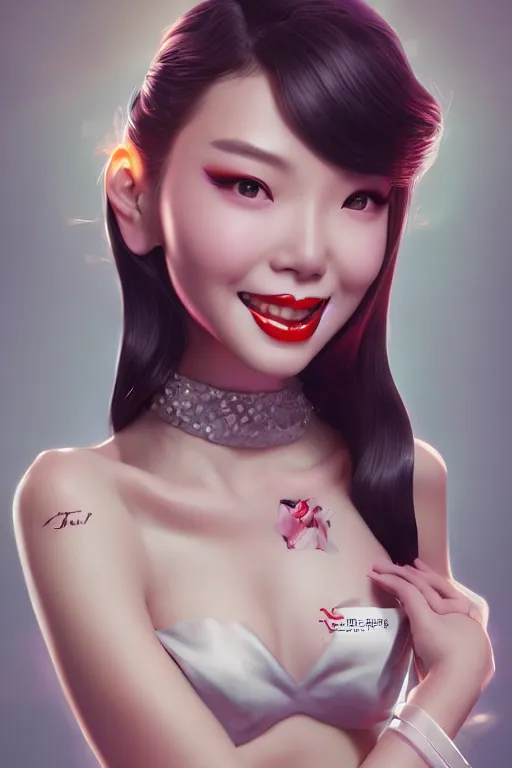 Image similar to a pin up and luxury beautiful fashion and loveable dreamlke taiwan girl, chic clothes, charming smile, by artgerm lau & jeehyung lee & irakli nadar, hyperdetailed, 8 k realistic, symmetrical, beautiful lighting, digital art,, frostbite 3 engine, cryengine, dof, trending on artstation