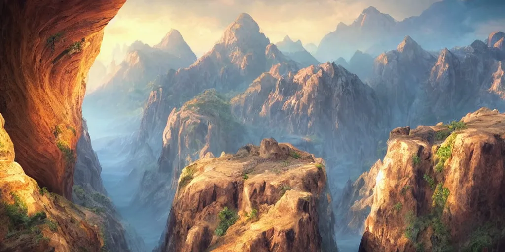 Image similar to beautiful matte painting of large mountains and canyons, fantasy