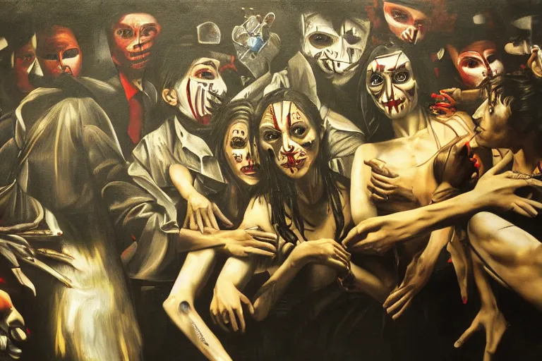 Image similar to the night of the purge, street art, highly detailed, 8 k resolution, art by caravaggio, modern art