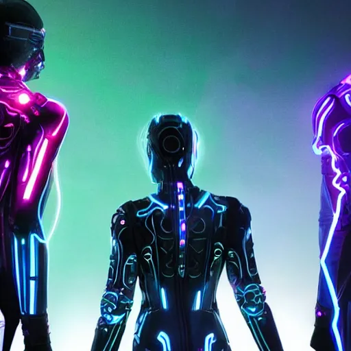 Image similar to love, diverse 5 cybersuits, from behind, connection rituals, wide wide angle, vivid, elaborate, highly detailed, beautiful lighting