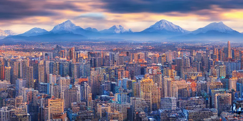 Prompt: City view, skyscraper skyline, photograph, photorealism, atmospheric light, clouds, snowcapped mountains in the background, sunset time