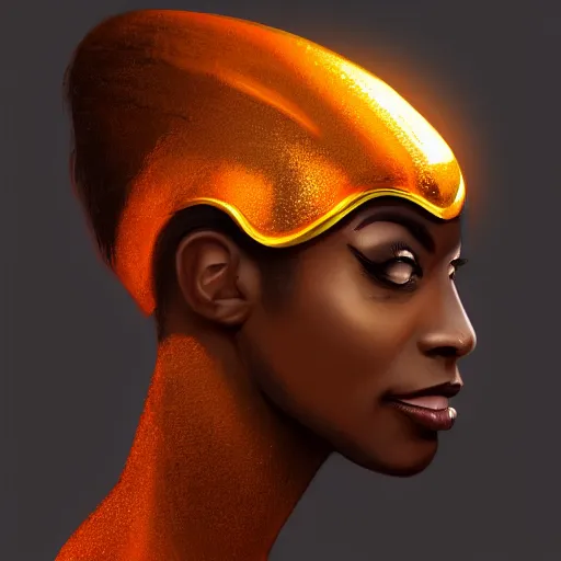 Prompt: side profile portrait of an african american woman with an orange glow on her face medieval metallic knight armor, artstation, cgsociety, masterpiece, dark fantasy