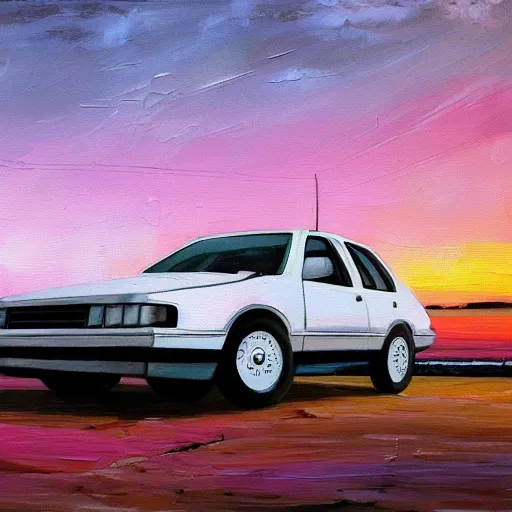 Image similar to an old white 1 9 8 0 s car parked off the road, sunset, ocean in distance, pink, oil painting, pale colors, high detail, 8 k, wide angle, trending on artstation,