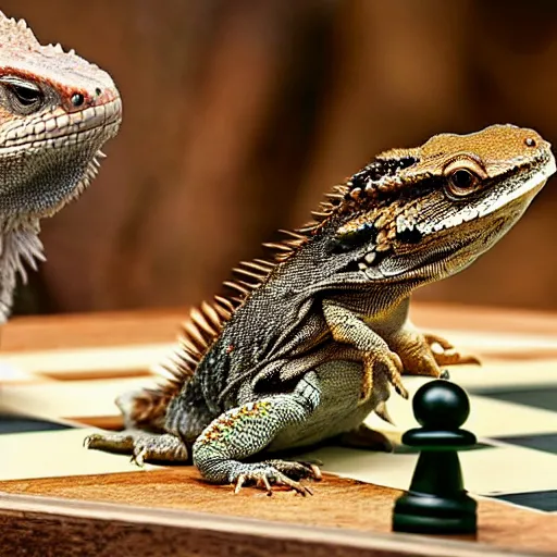 Image similar to a Bearded dragon playing chess against a Salamander, national geographic photo