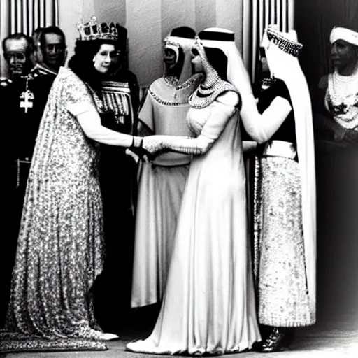 Image similar to detailed black and white photo of queen elizabeth ii meeting cleopatra in egypt