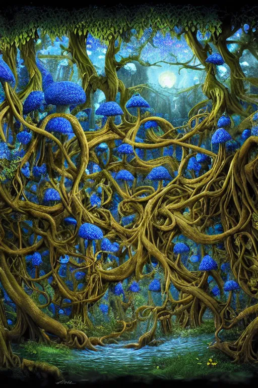 Prompt: a beautiful digital illustration painting of a detailed gothic fantasy vines and roots, blue mushrooms, flowers by benoit b. mandelbrot, steven belledin, martin johnson heade, lee madgwick, caspar david friedrich, and david rios ferreira. 8 k resolution trending on artstation concept art digital illustration