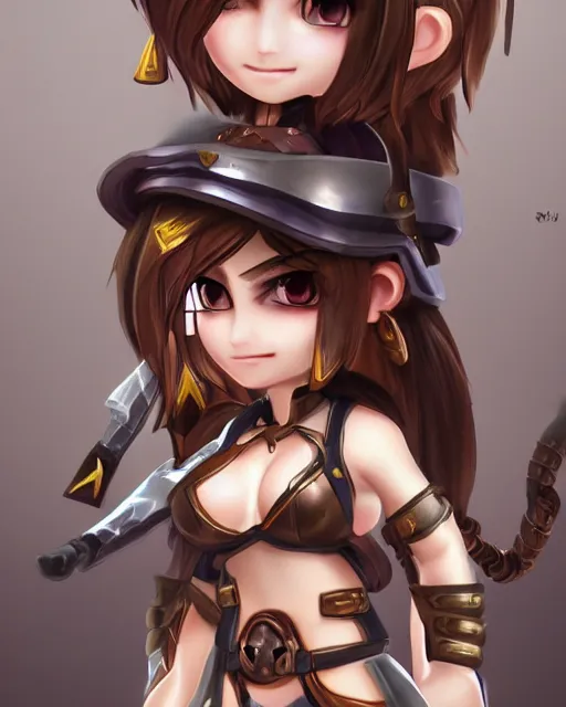 Image similar to female warrior mini cute style, highly detailed, rendered, ray - tracing, cgi animated, 3 d demo reel avatar, style of maple story, maple story gun girl, katelynn from league of legends chibi, perfect eyes, realistic human eyes