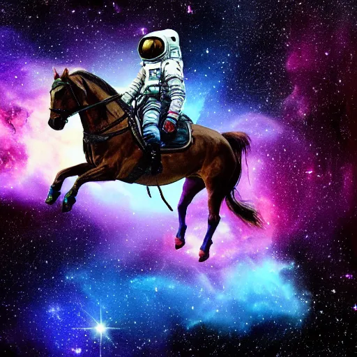 Prompt: astronaut riding a horse in space, colorful nebula in the background, digital painting,