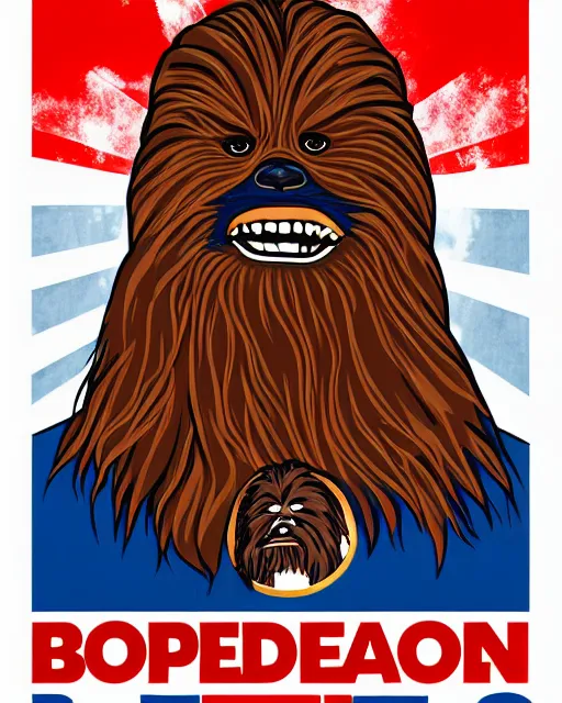 Image similar to chewbacca presidential election poster showing close up of chewbacca face red and blue duotone by sheperd fairey no text