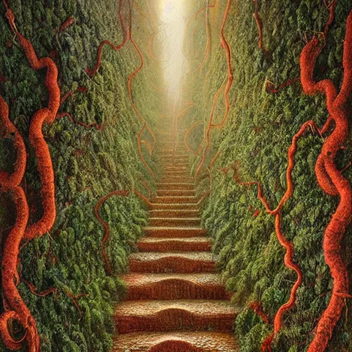 Image similar to intricate stunning highly detailed illustration of the inca lost city of gold, red blood blood blood rivers running through stairs, blood red 🌱, by agostino arrivabene and vladimir kush, surreal, digital painting, ultra realistic, dramatic lighting, twisted vines, lush plants, gold, inca, pristine water, artstation