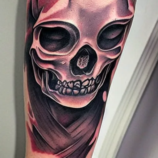 Image similar to ghost tattoo design, hyper realstic, on arm, low detailed, light colors