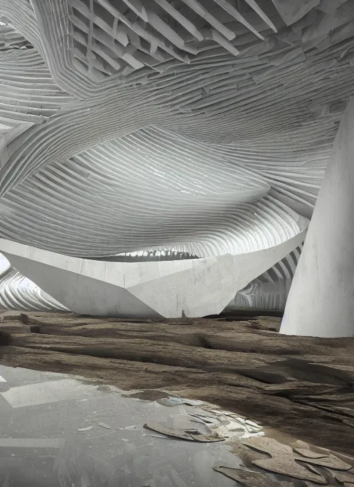 Image similar to virtual art exhibition, architecture installation in biennale venezia, bioremediation white mining tailing futuristic horizontal architecture, epic, cinematic, hyperealistic, high detailed, corona render, hdr, ray tracing